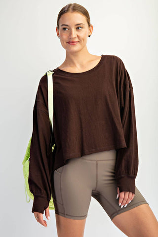 Cotton Slub Open Back Long Sleeve Top | White