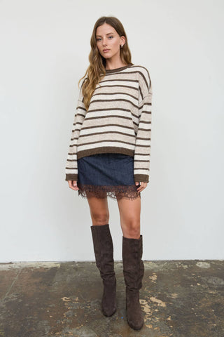 Josie Striped Raw Edge Knit Sweater | Brown