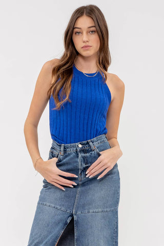 Lacie Halter Crochet Knit Tank Top | Royal Blue