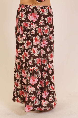 Dilly Plus Size Floral Maxi Skirt | Mocha + Pink