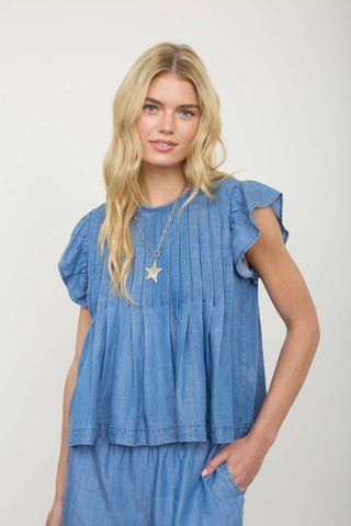 Paisley Pintuck Denim Top