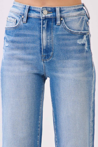 Medium Wash High Rise Stretch Wide Leg Denim w/ Destroyed Hem | Petra153