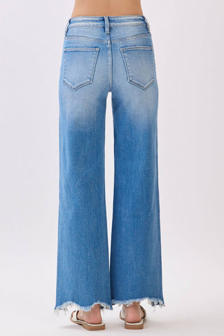 Medium Wash High Rise Stretch Wide Leg Denim w/ Destroyed Hem | Petra153
