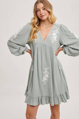 Samantha Embroidered Ruffled Dress | Sage