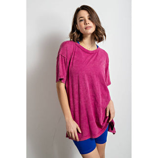 Mineral Washed Short Sleeve Top w/ Side Slit | Brown
