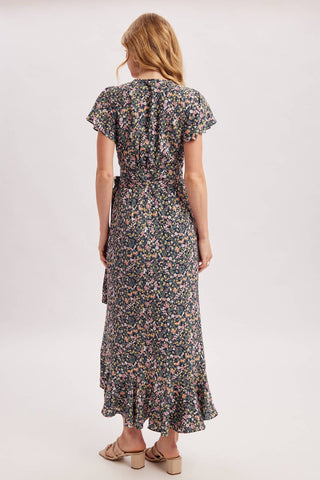 Cassie Floral Print Ruffled Hem Wrap Maxi Dress | Navy