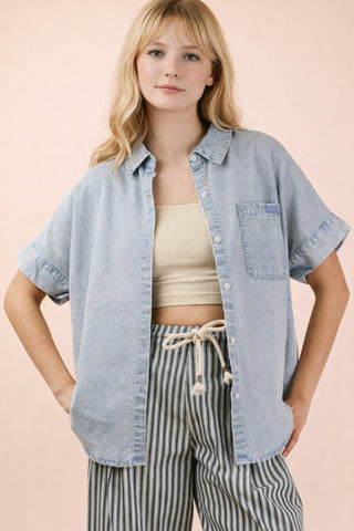Mineral Washed Chambray Oversized Top | Light Indigo