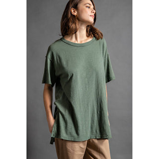 Mineral Washed Short Sleeve Top w/ Side Slit | Brown