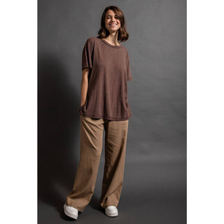 Mineral Washed Short Sleeve Top w/ Side Slit | Brown