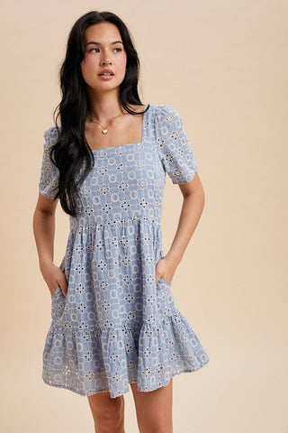 Ellie Eyelet Embroidered Shift Mini Dress | Blue Aura