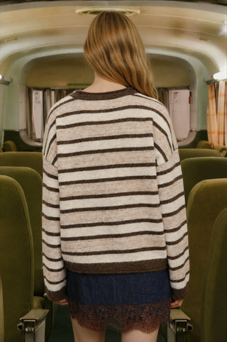 Josie Striped Raw Edge Knit Sweater | Brown