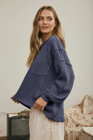 Delilah Split Neck Ribbed Knit Top | Denim Blue