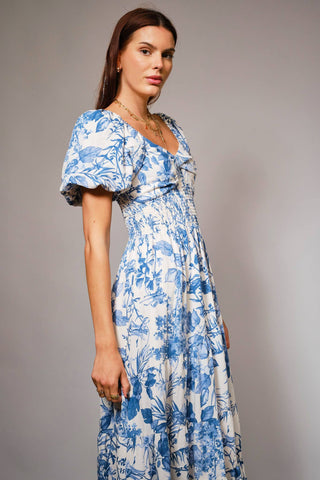 Garden Blue Floral Printed Tiered Maxi Dress