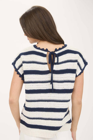 Laurel Stripe Scallop Trim Crochet Sweater | Red