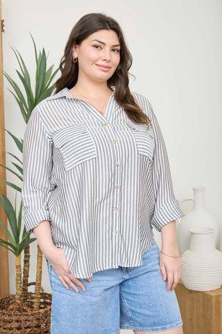 Plus Size Genevieve Striped Buttondown Top | Dark Gray