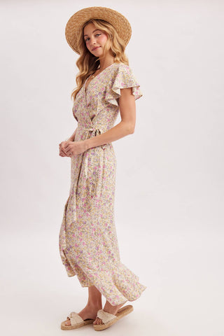Cassie Floral Print Ruffled Hem Wrap Maxi Dress | Navy