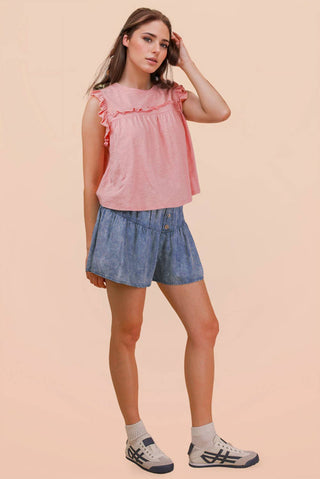 Whitney Washed Chambray Button Down Flare Shorts | Light Indigo