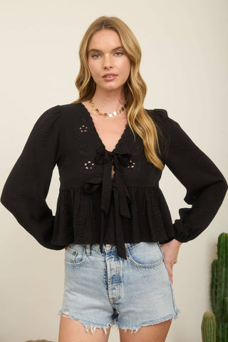 Kyla Eyelet Embroidered Tie Top | Light Khaki