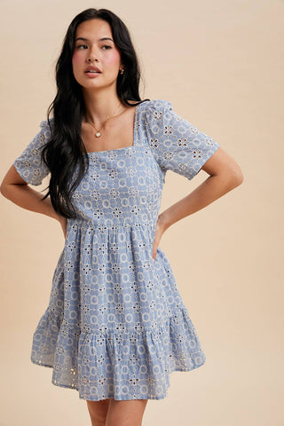 Ellie Eyelet Embroidered Shift Mini Dress | Blue Aura