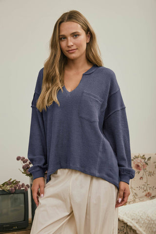 Delilah Split Neck Ribbed Knit Top | Denim Blue