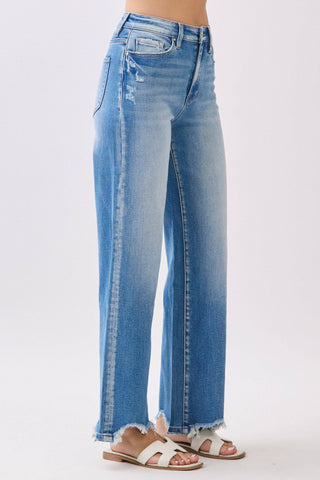 Medium Wash High Rise Stretch Wide Leg Denim w/ Destroyed Hem | Petra153