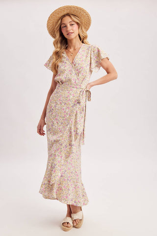 Cassie Floral Print Ruffled Hem Wrap Maxi Dress | Navy