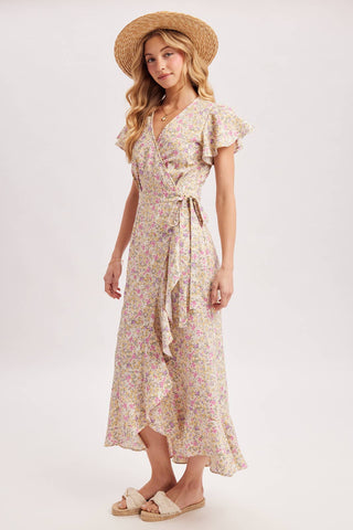 Cassie Floral Print Ruffled Hem Wrap Maxi Dress | Navy