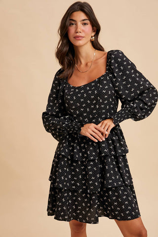 Bella's Bows Long Sleeve Tiered Mini Dress | Black