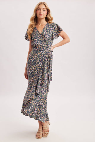 Cassie Floral Print Ruffled Hem Wrap Maxi Dress | Navy