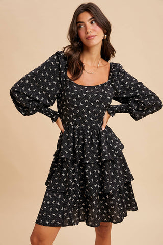 Bella's Bows Long Sleeve Tiered Mini Dress | Black