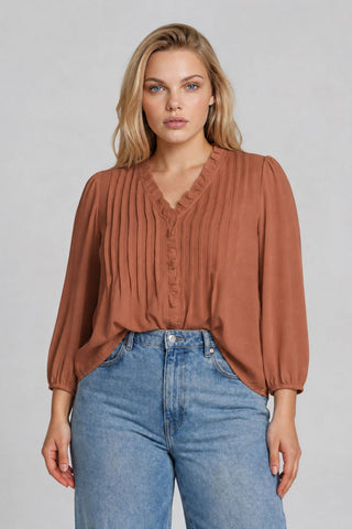 Plus Size Reese 3/4 Sleeve Pintuck Blouse | Light Terracotta