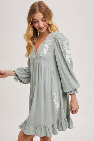 Samantha Embroidered Ruffled Dress | Sage