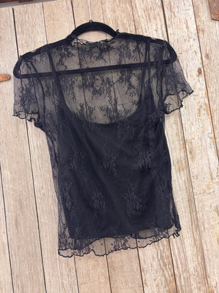 Black Floral Sheer Mesh Top + Tank Set