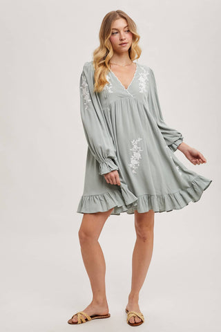 Samantha Embroidered Ruffled Dress | Sage