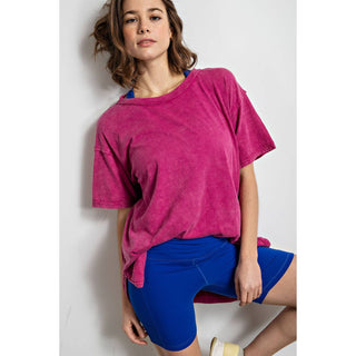 Mineral Washed Short Sleeve Top w/ Side Slit | Brown
