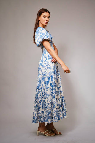 Garden Blue Floral Printed Tiered Maxi Dress