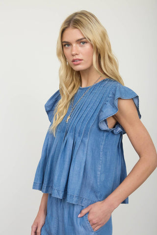 Paisley Pintuck Denim Top
