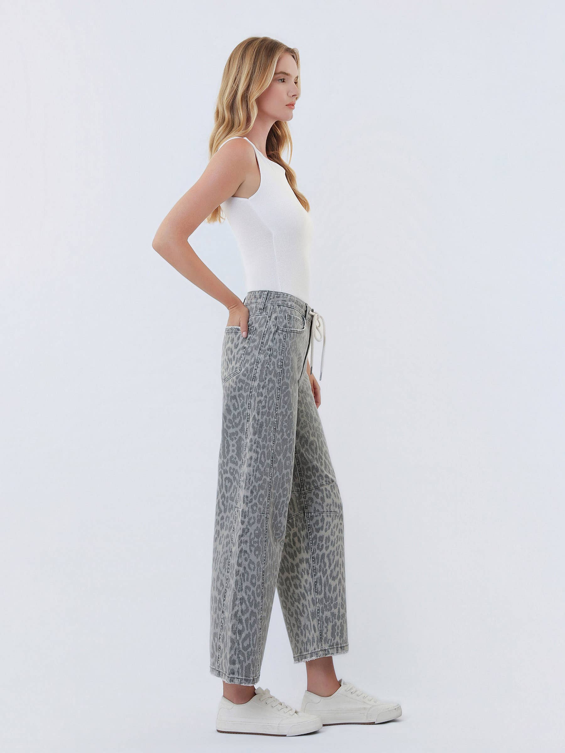 Lenny Grey Leopard High Rise Drawstring Denim