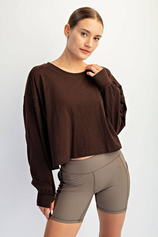 Cotton Slub Open Back Long Sleeve Top | White