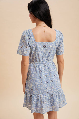 Ellie Eyelet Embroidered Shift Mini Dress | Blue Aura