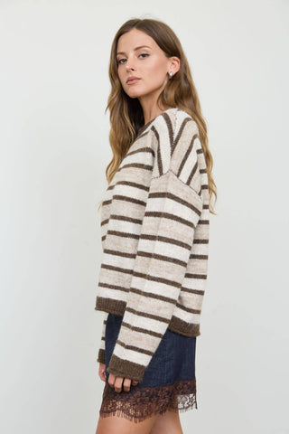 Josie Striped Raw Edge Knit Sweater | Brown