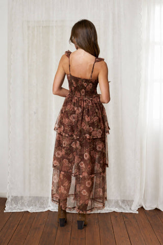 Clara Floral Chiffon Midi Dress | Brown Multi