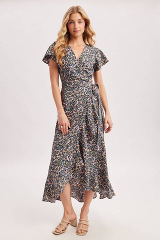 Cassie Floral Print Ruffled Hem Wrap Maxi Dress | Navy