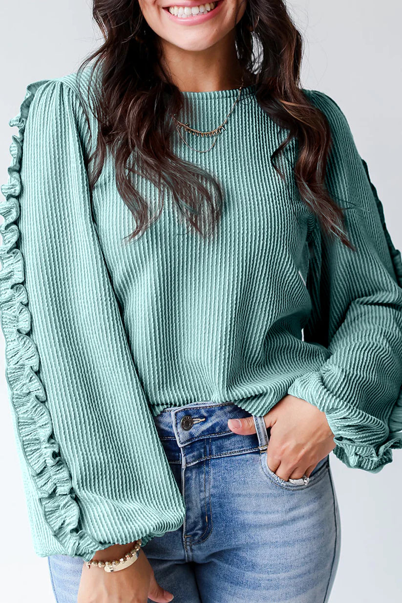 Alice Ribbed + Ruffle Aqua Top