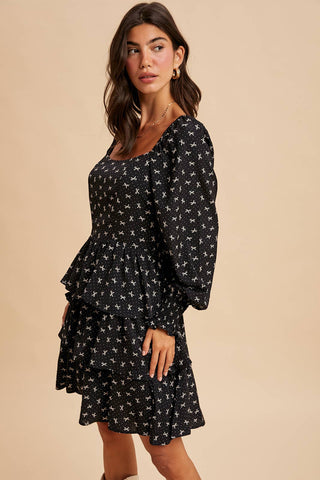 Bella's Bows Long Sleeve Tiered Mini Dress | Black