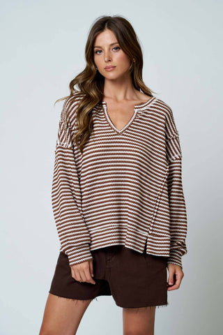 Sherise Split Neck Knit Top | Brown