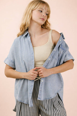 Mineral Washed Chambray Oversized Top | Light Indigo