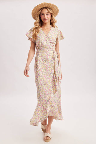 Cassie Floral Print Ruffled Hem Wrap Maxi Dress | Navy