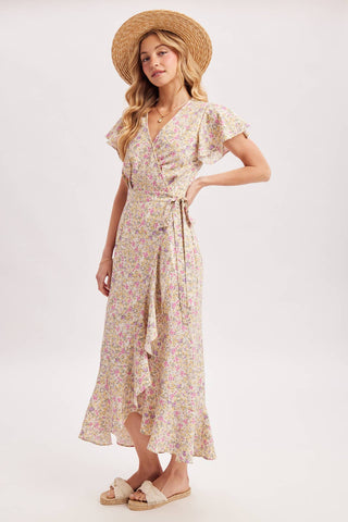 Cassie Floral Print Ruffled Hem Wrap Maxi Dress | Navy