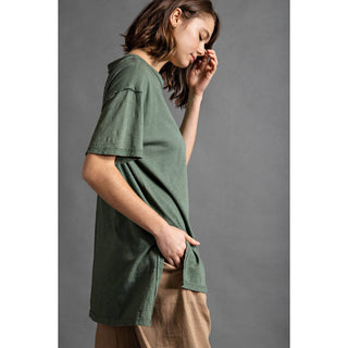 Mineral Washed Short Sleeve Top w/ Side Slit | Brown